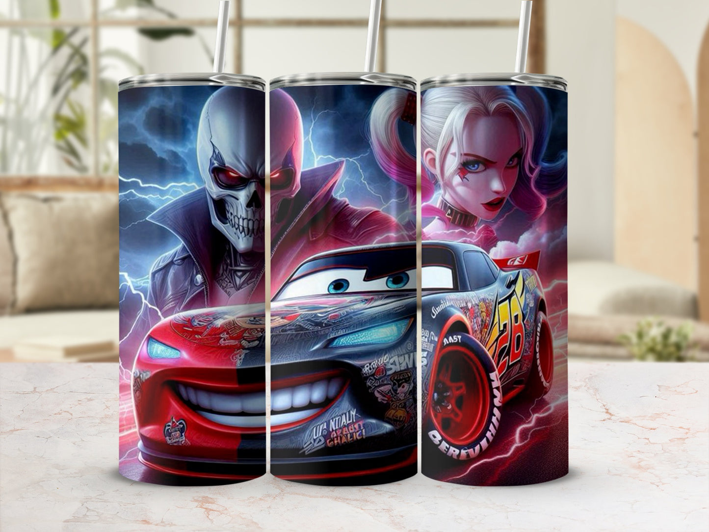 Skull and Racing Car Characters on Vivid Tumbler Cups