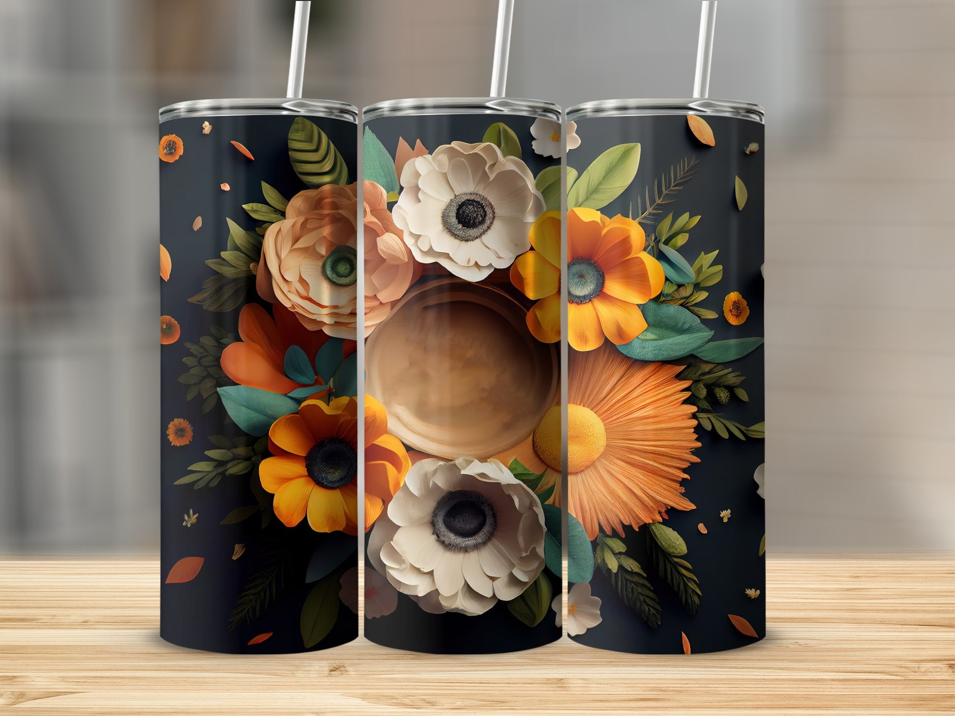 Beautiful Floral Design Tumbler with Straw Accessory