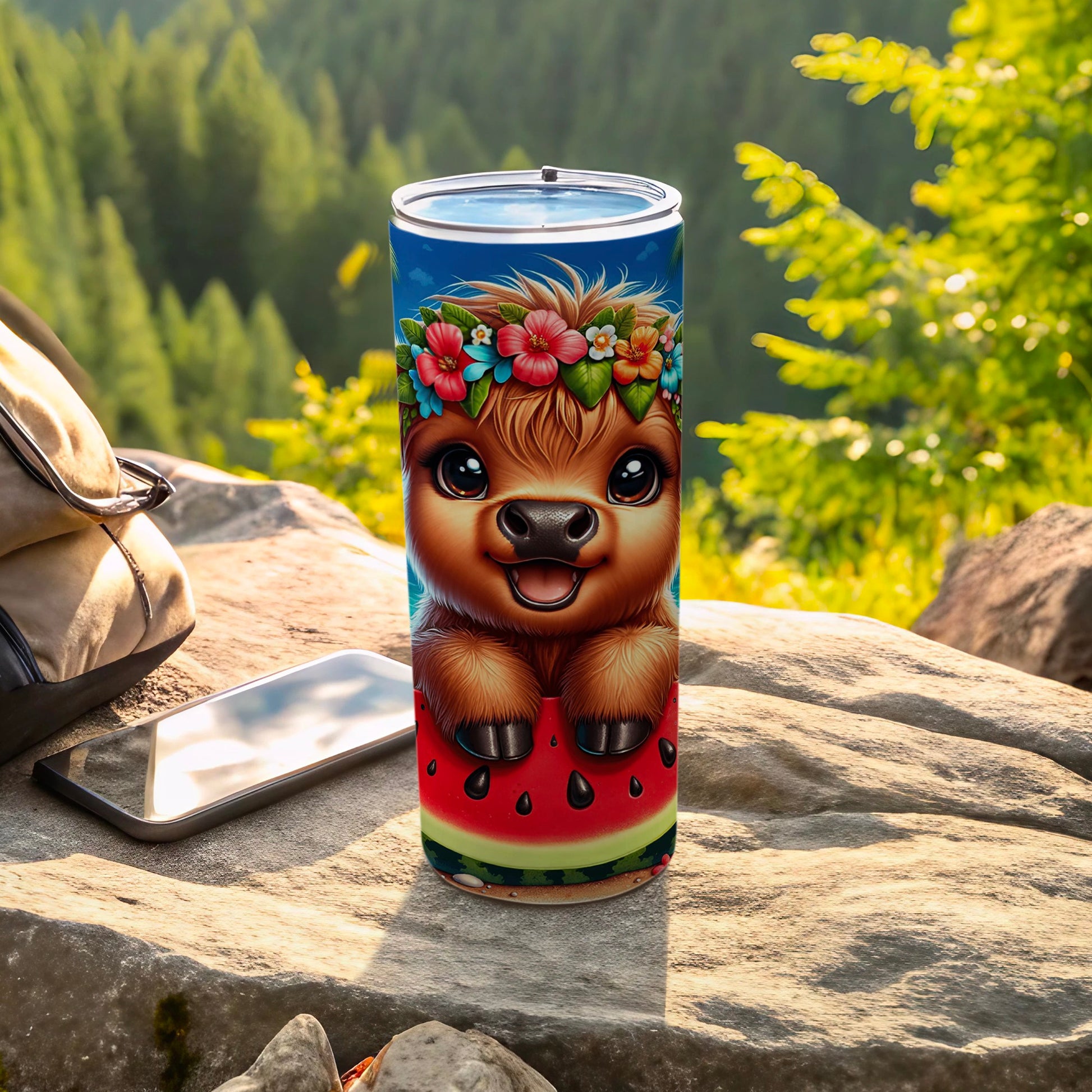 Cute llama tumbler with watermelon and floral crown on rock.