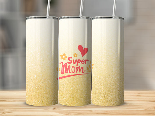 Three tumblers with "Super Mom" text and glitter design.