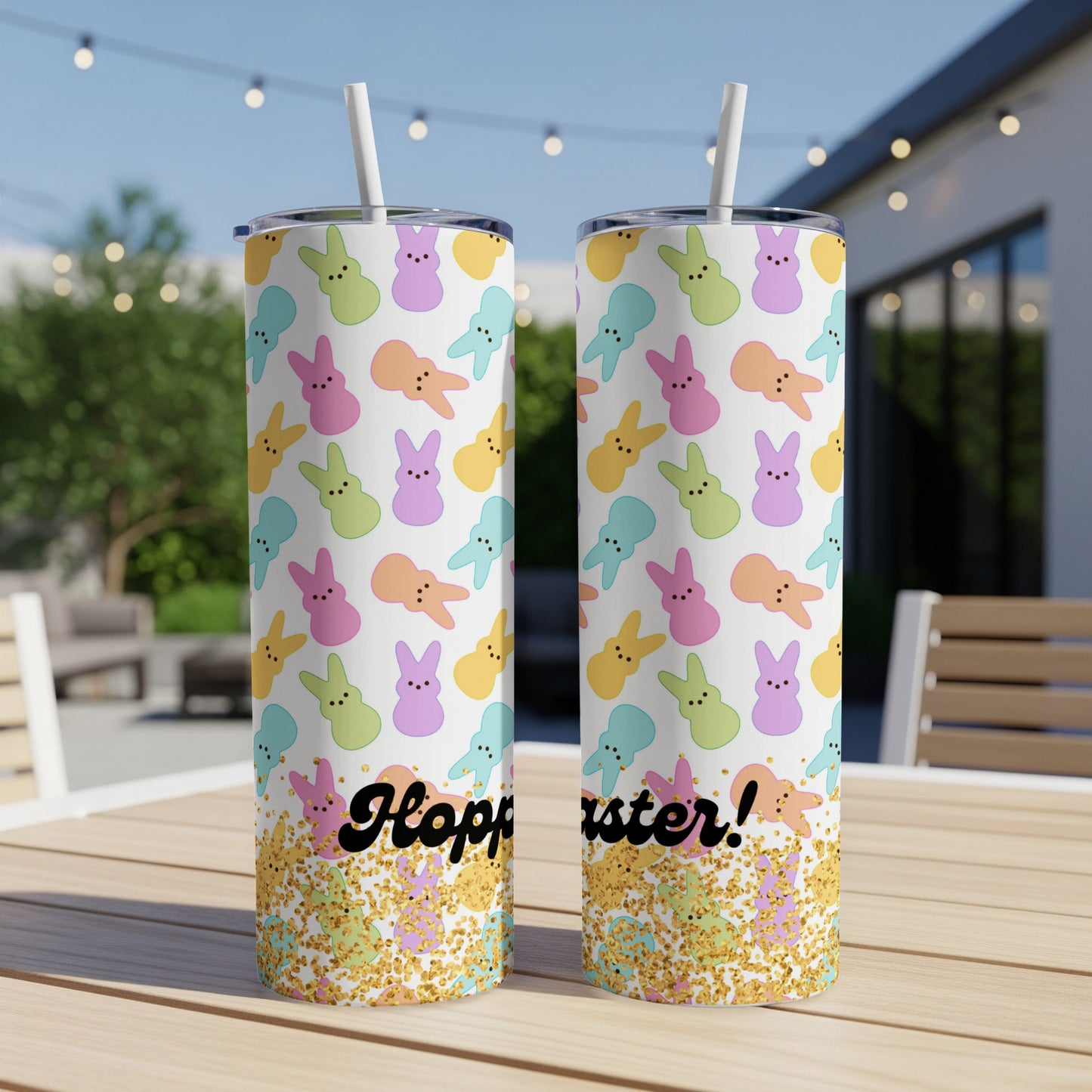 Two tumblers with pastel bunny marshmallows and "Hoppster!" text.