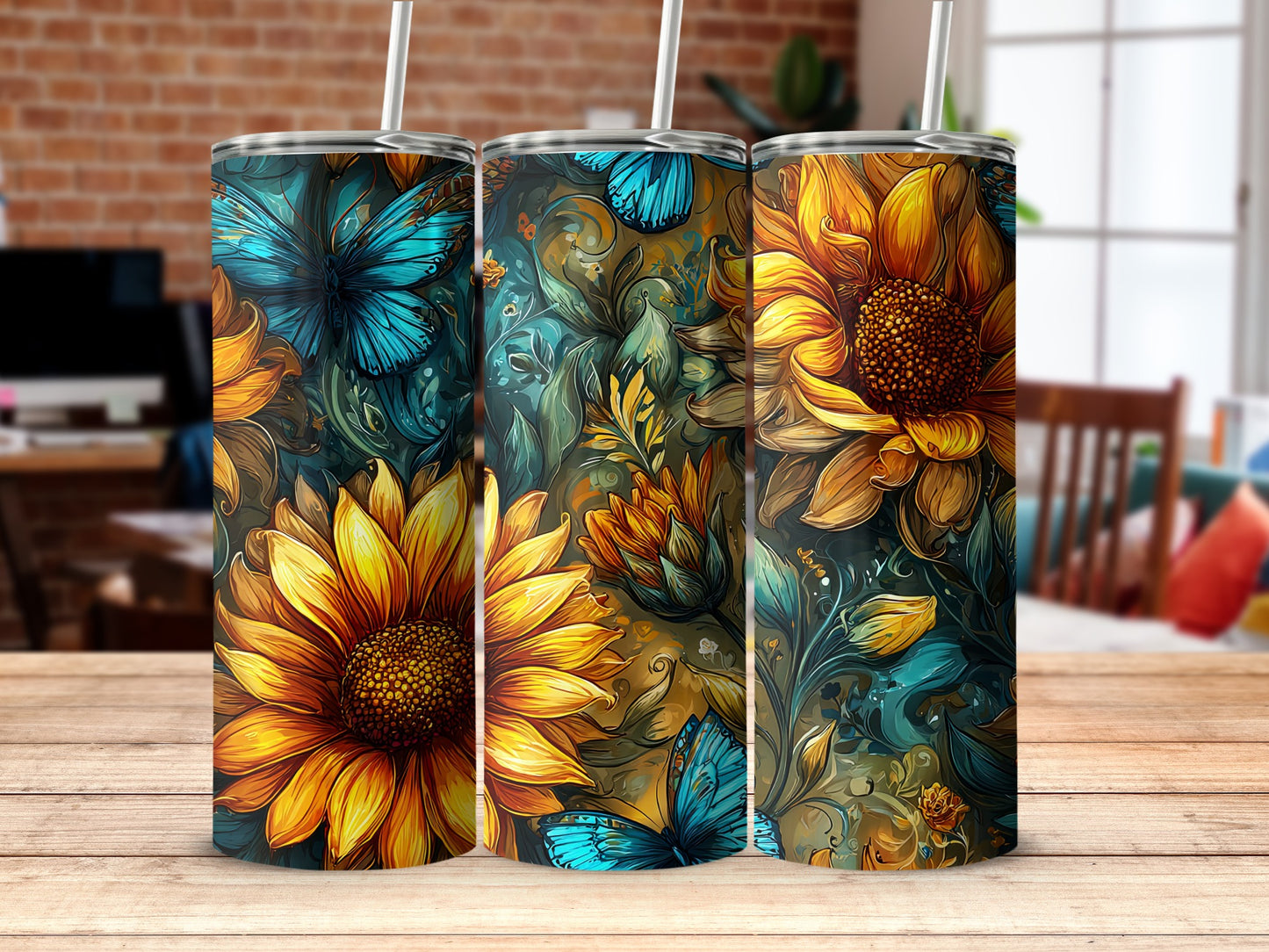 Colorful Sunflowers and Butterflies Tumbler Cup