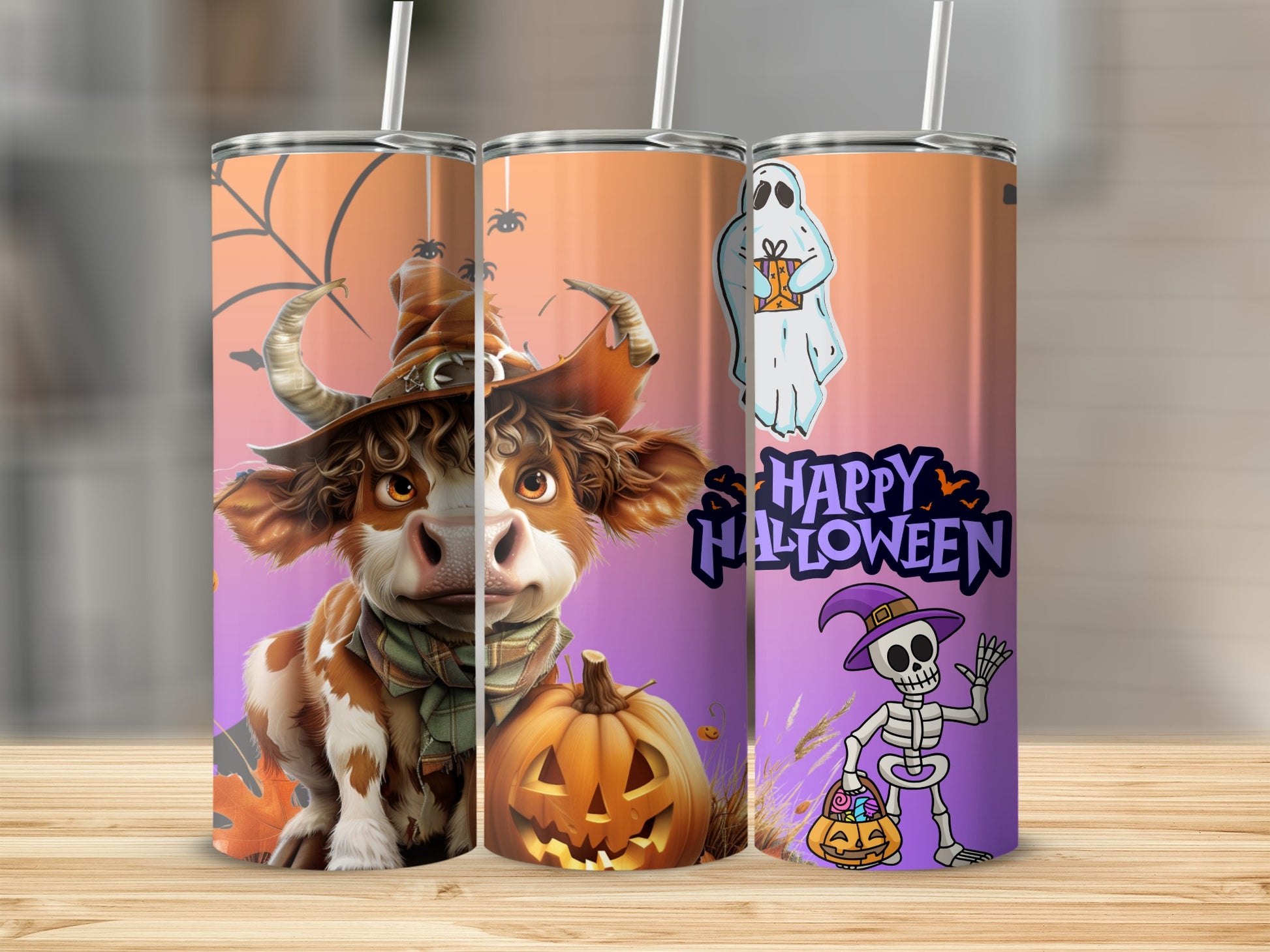 Halloween-Themed Tumbler with Cute Cow and Skeleton