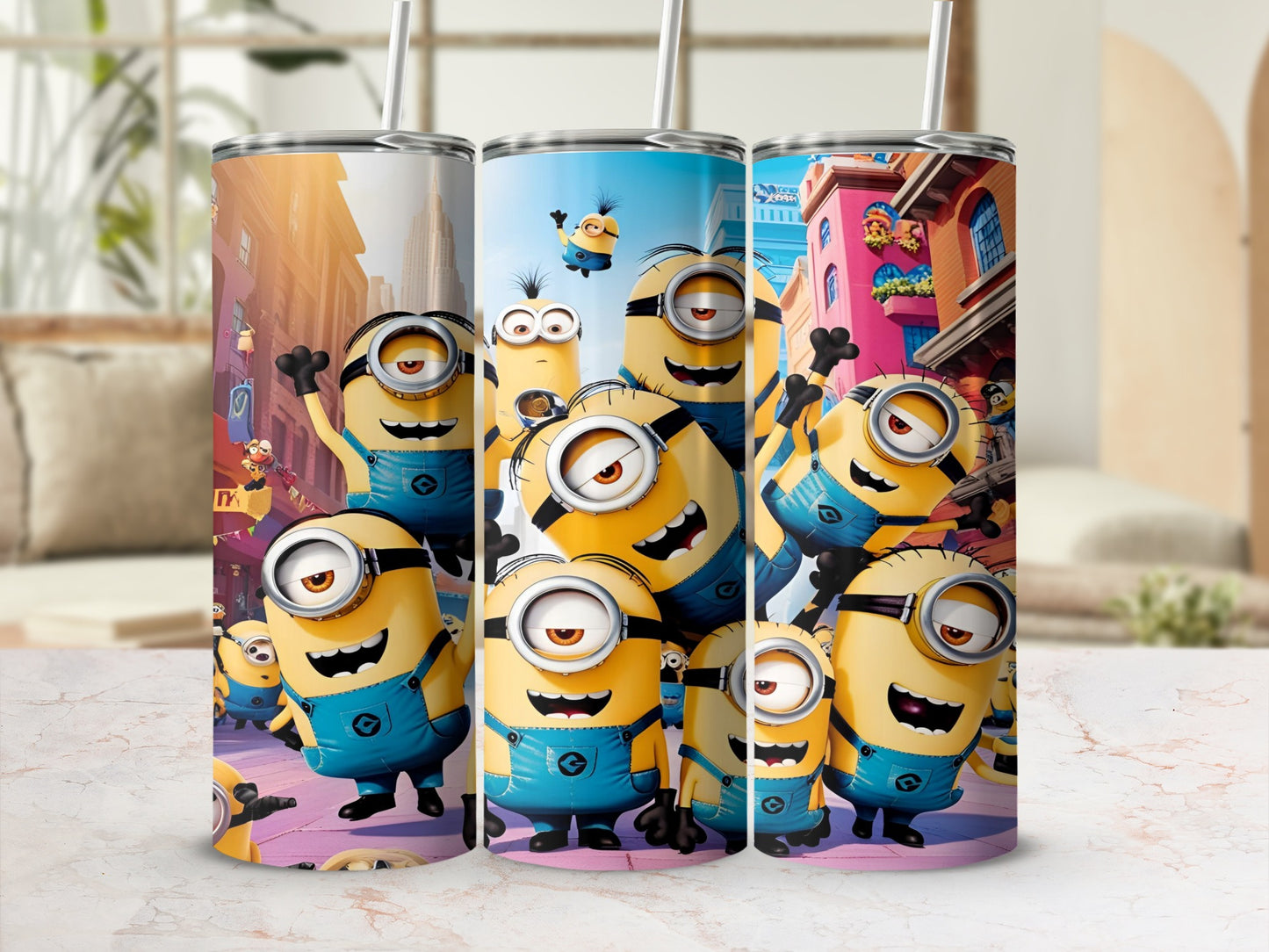 Minions characters in blue overalls on cylindrical tumblers with straws, outdoor scene.