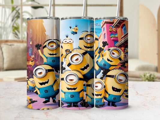Minions characters in blue overalls on cylindrical tumblers with straws, outdoor scene.