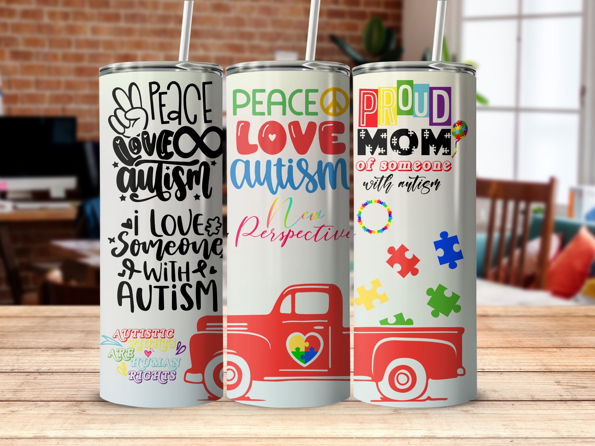 Peace Love Autism Proud Mom Quote Tumbler