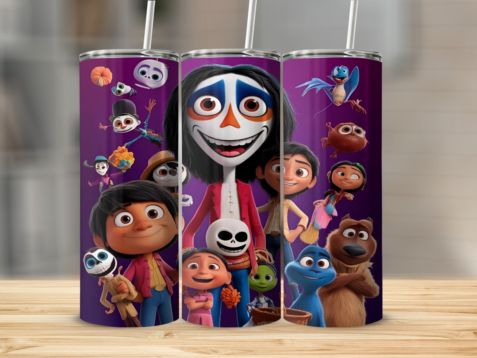 Manolo and friends from The Book of Life on a purple background.