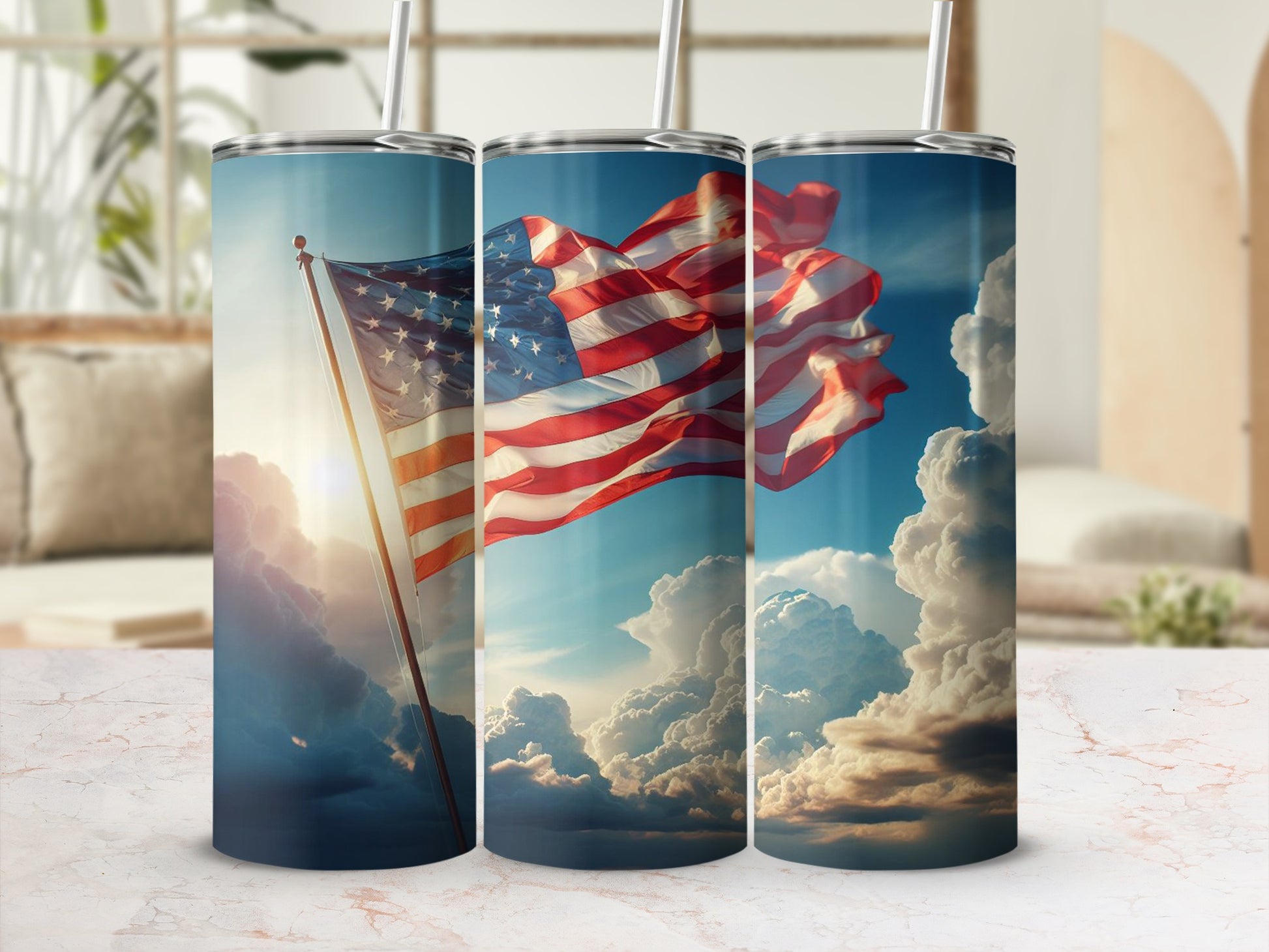 American flag waving against a cloudy sky, with sunlight streaming.