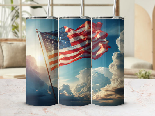 American flag waving against a cloudy sky, with sunlight streaming.