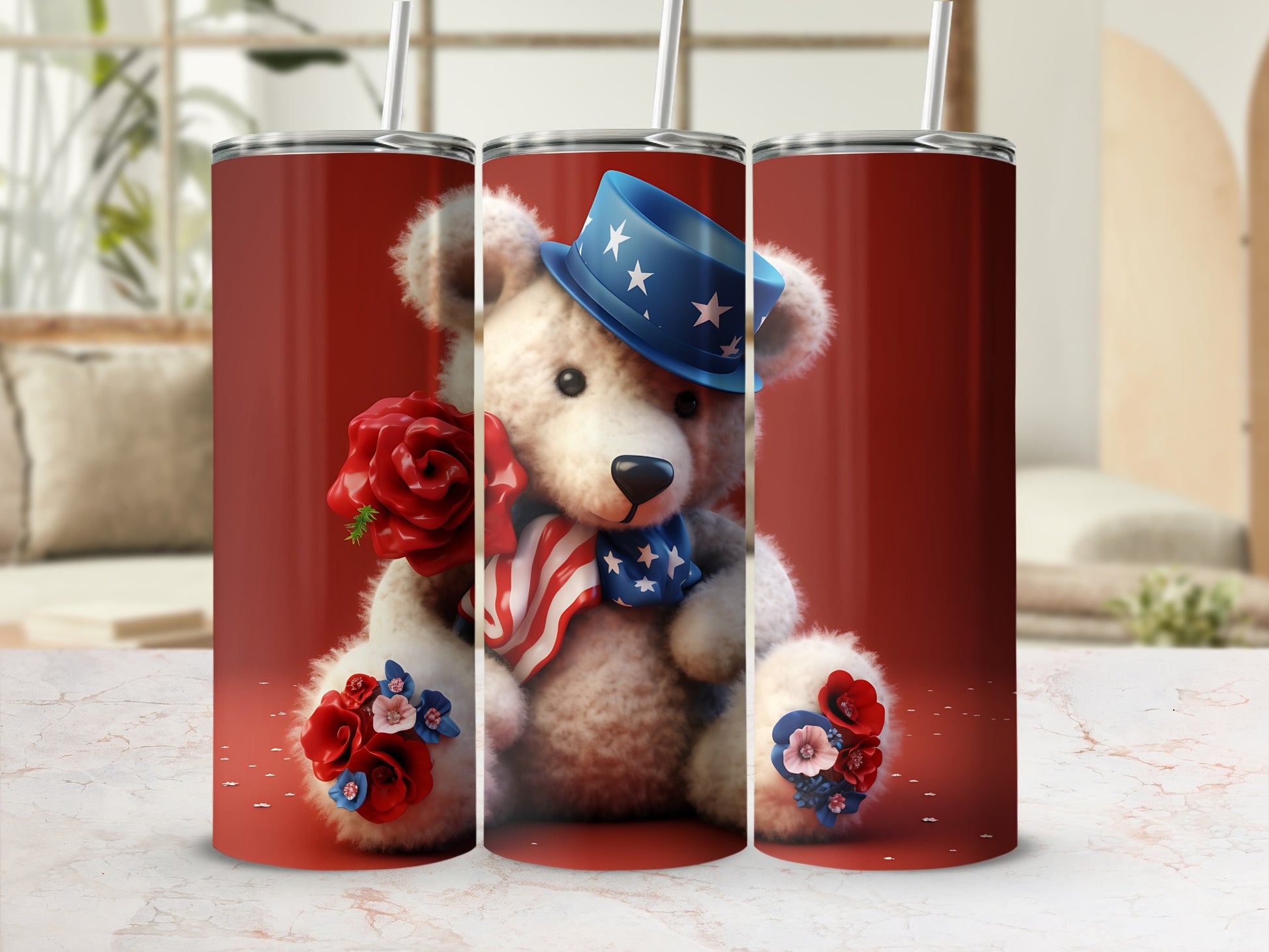Plush teddy bear wearing a blue hat with stars and a red, white, and blue ribbon.