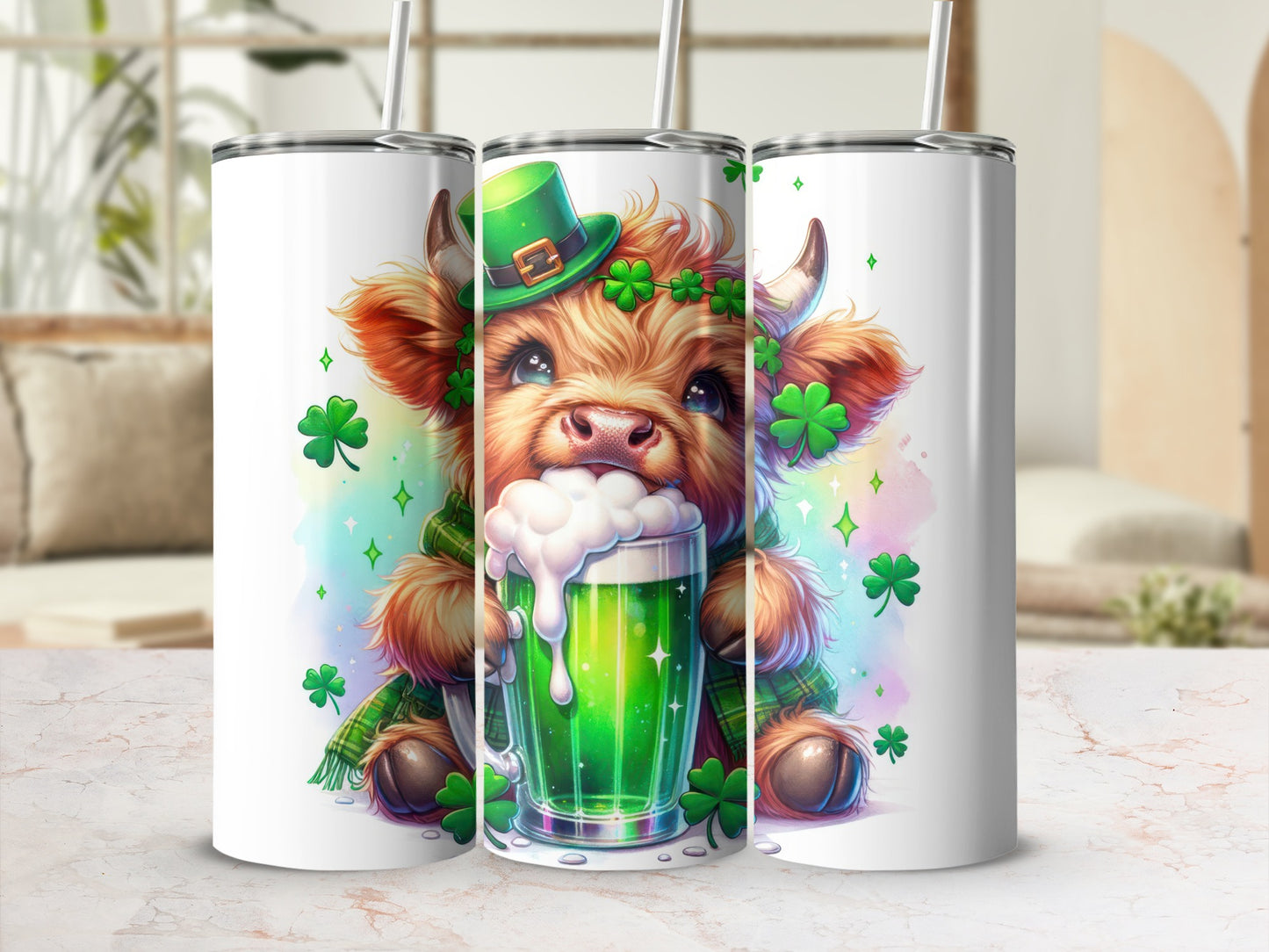 Highland cow in green hat holding frothy green beer with shamrocks.