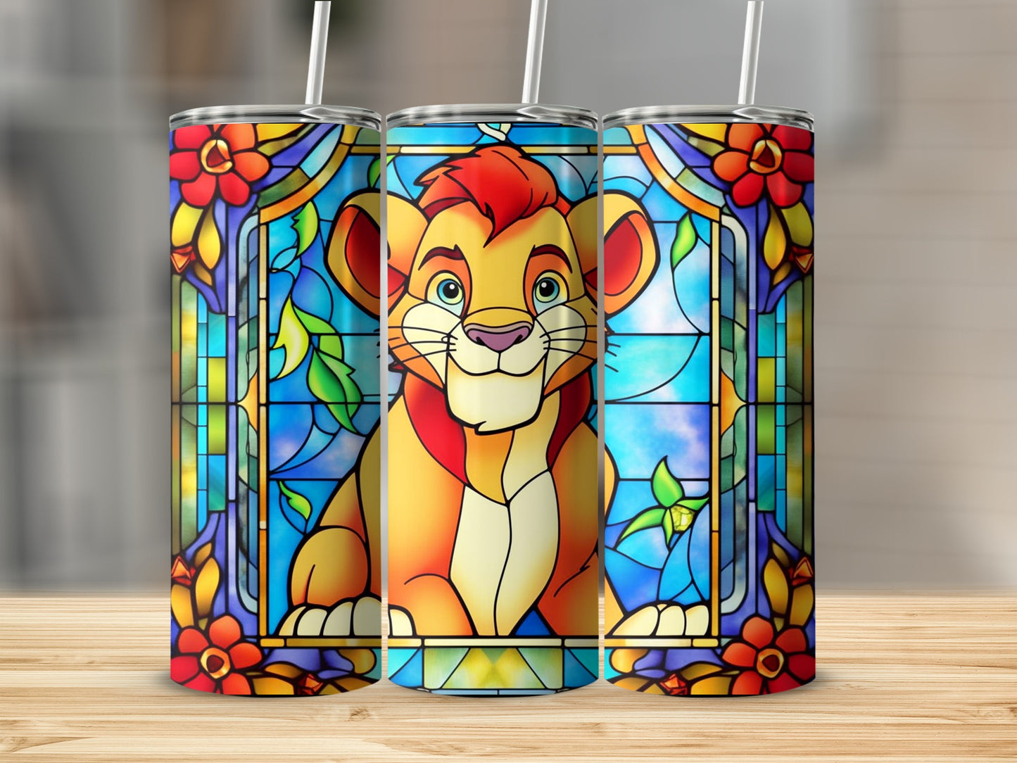 Stained Glass Style Colorful Lion Character Tumbler