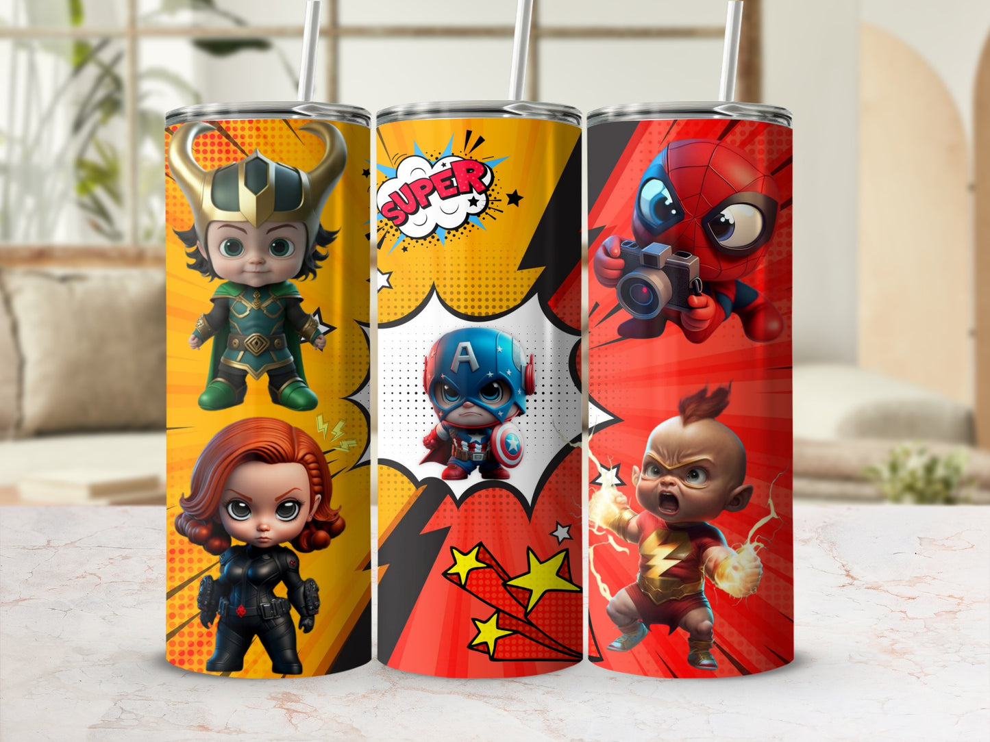 Superhero Character Tumbler Set Comic Style Graphics