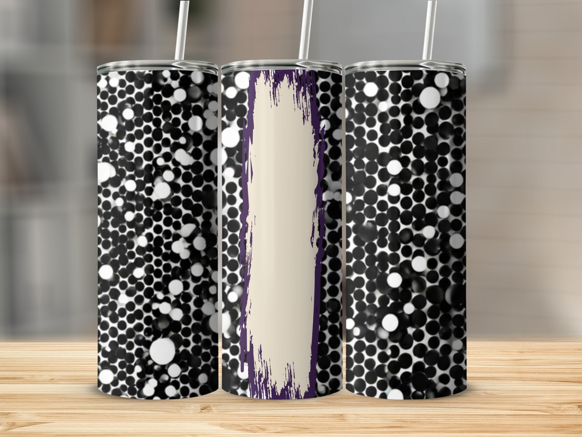 Three tumblers with black and white circle pattern and a neutral brush stroke detail.