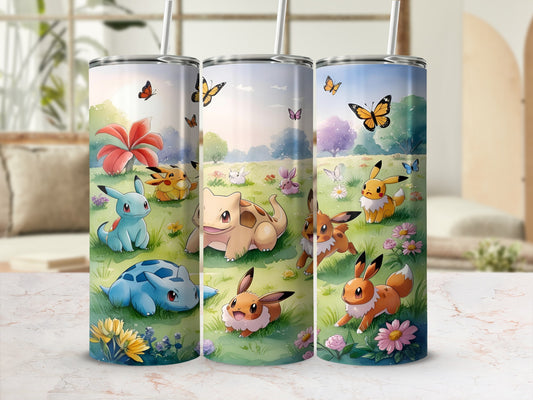 Pokemon characters including Pikachu, Bulbasaur, and Squirtle in a grassy, sunlit meadow.