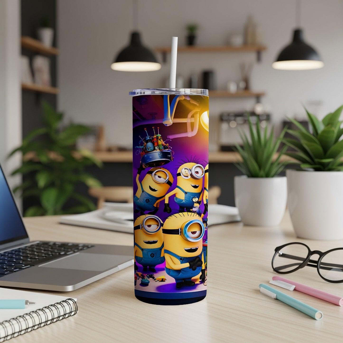 Minions in uniform on a purple and yellow patterned tumbler.