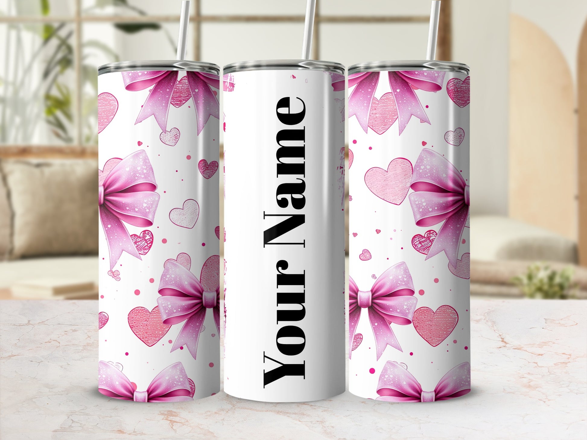 Personalized Pink Heart Bow Design Tumbler Cup