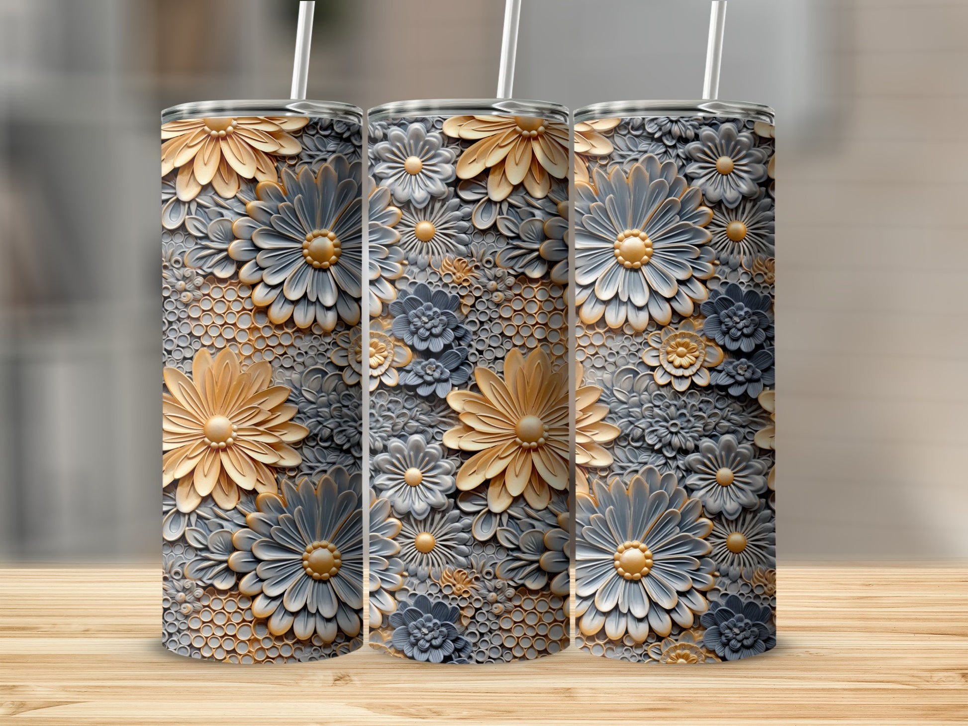 Elegant Golden and Grey Floral Design Tumbler
