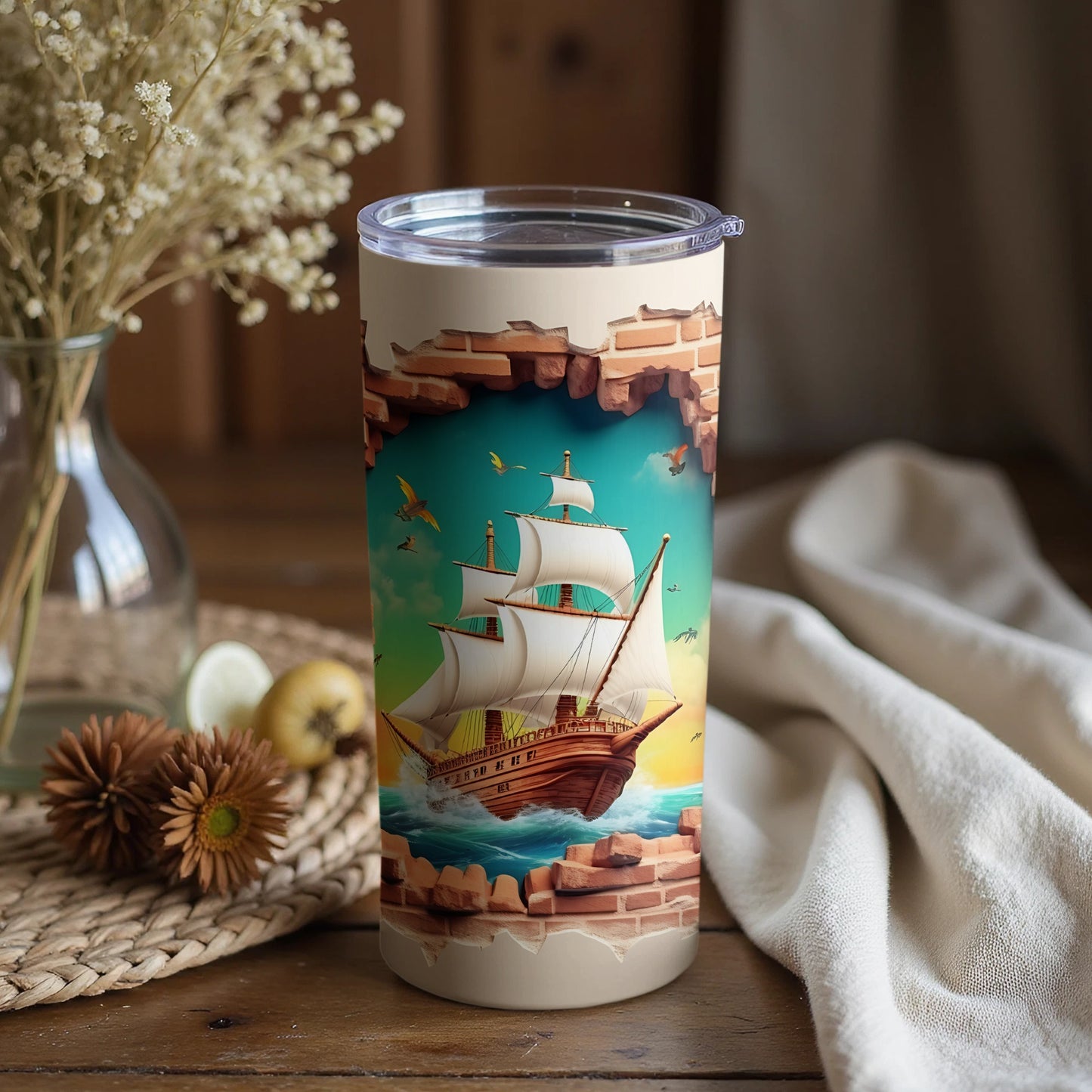 Vintage Ship Sailing Through Brick Wall Scene Tumbler