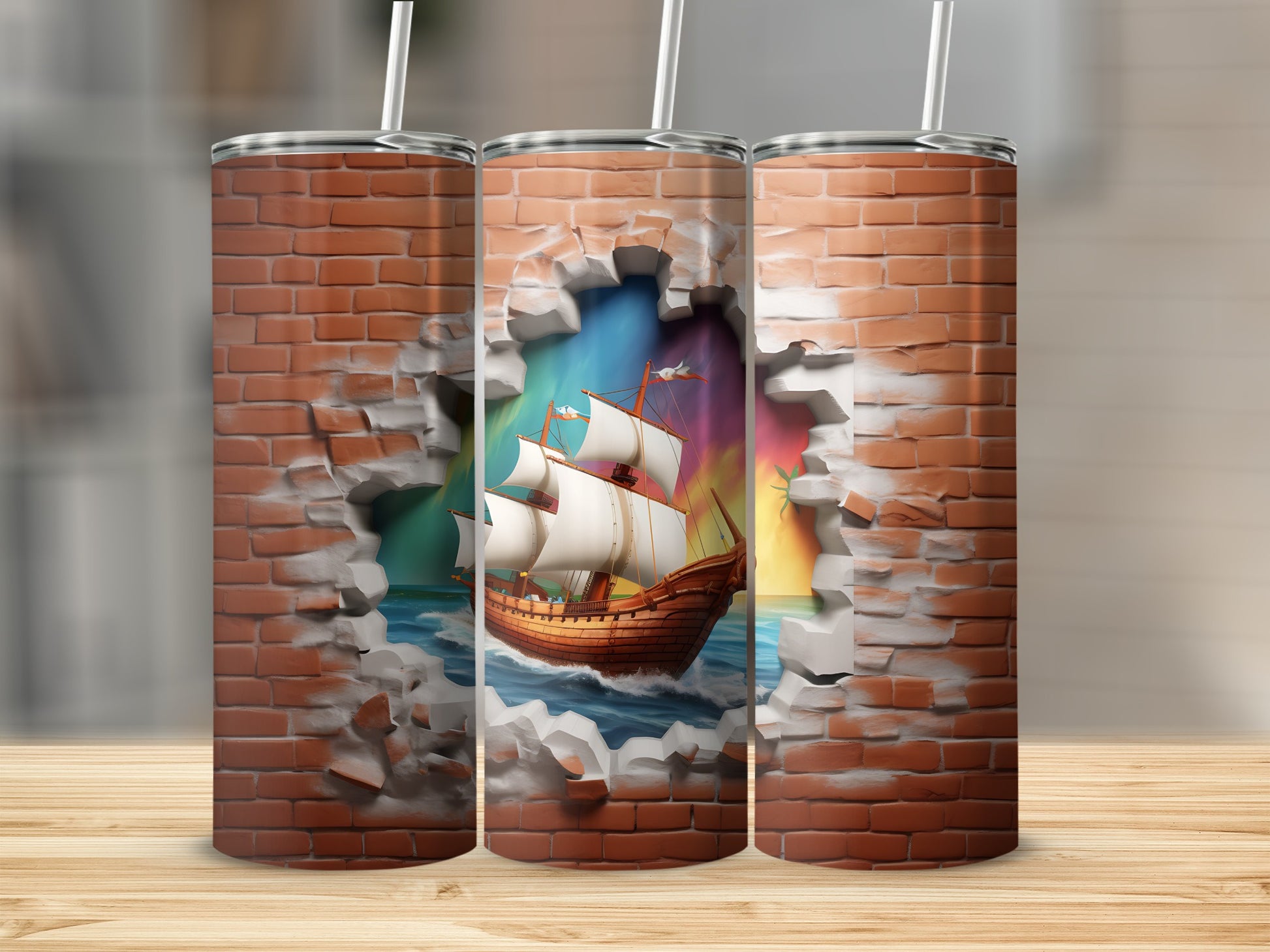 Sailing Ship Breaking Through Brick Wall Tumbler Cup