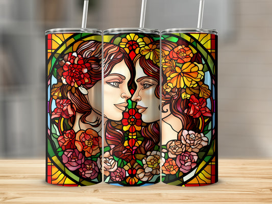 Two women's profiles surrounded by vibrant stained-glass flowers.
