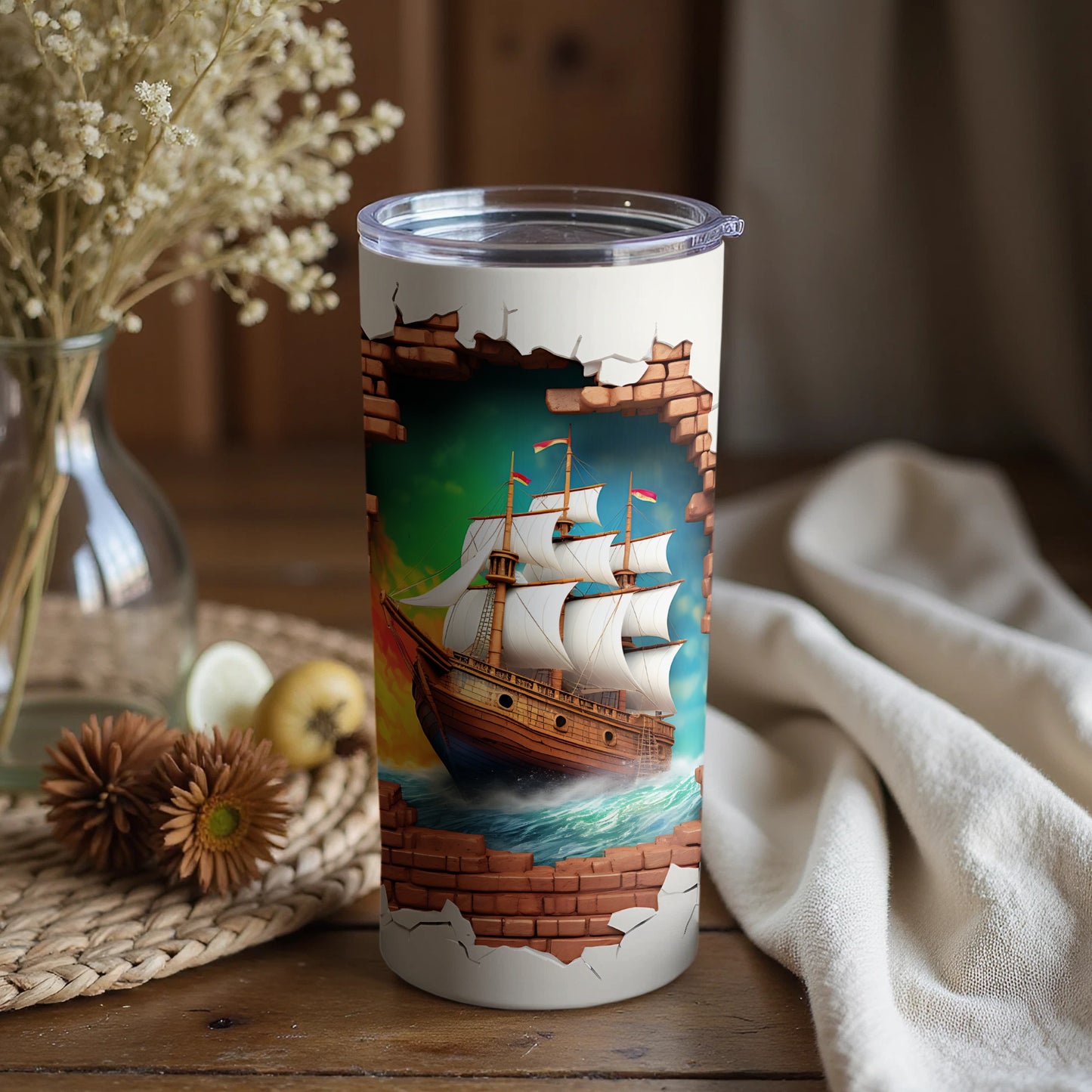 Tall Tumbler with Intricate Ship and Ocean Design