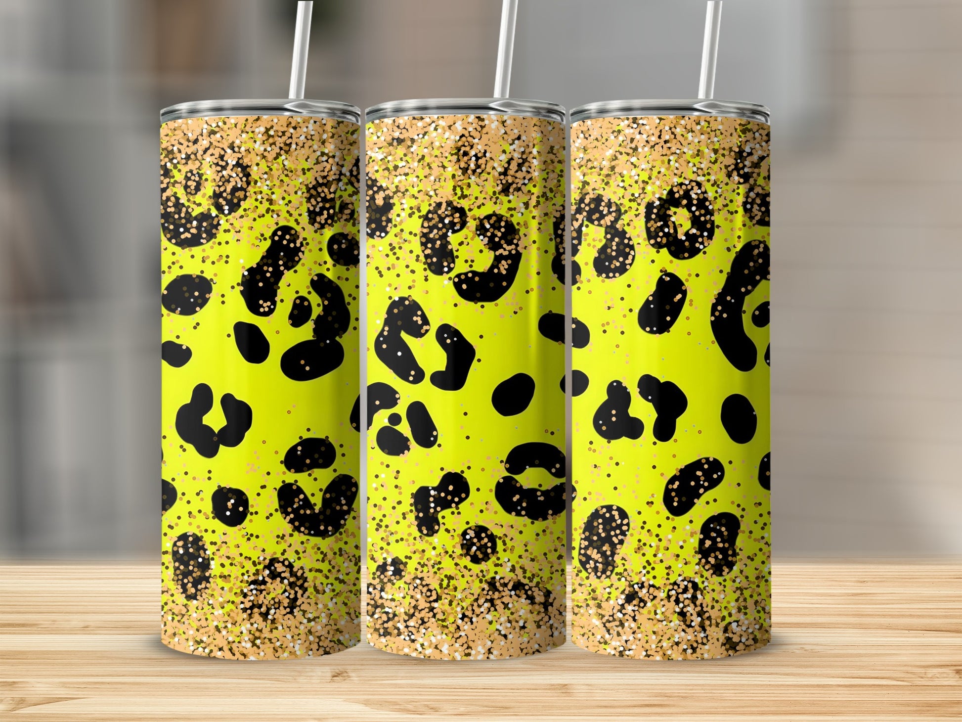 Neon Green Leopard Print Tumbler with Glitter Accent