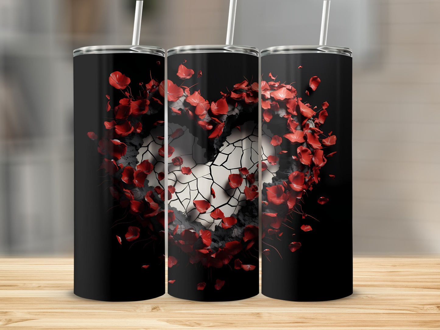 Cracked Heart Design with Rose Petals Tumbler