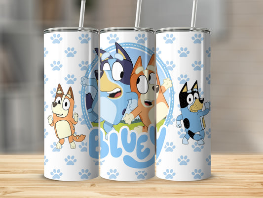 Bluey characters on white tumbler with blue paw prints and text.