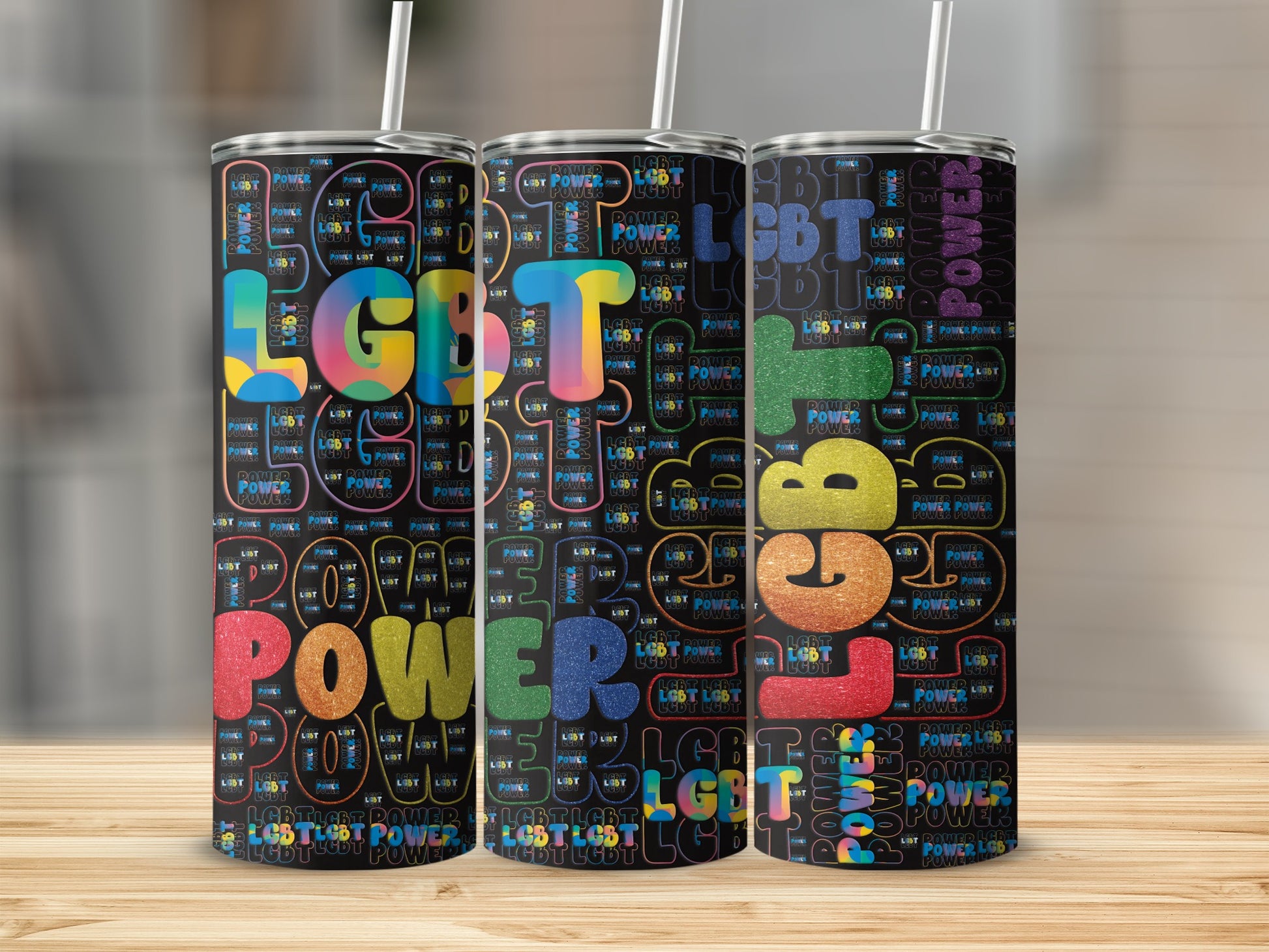 Tumblers with rainbow LGBT letters and "POWER" repeated.