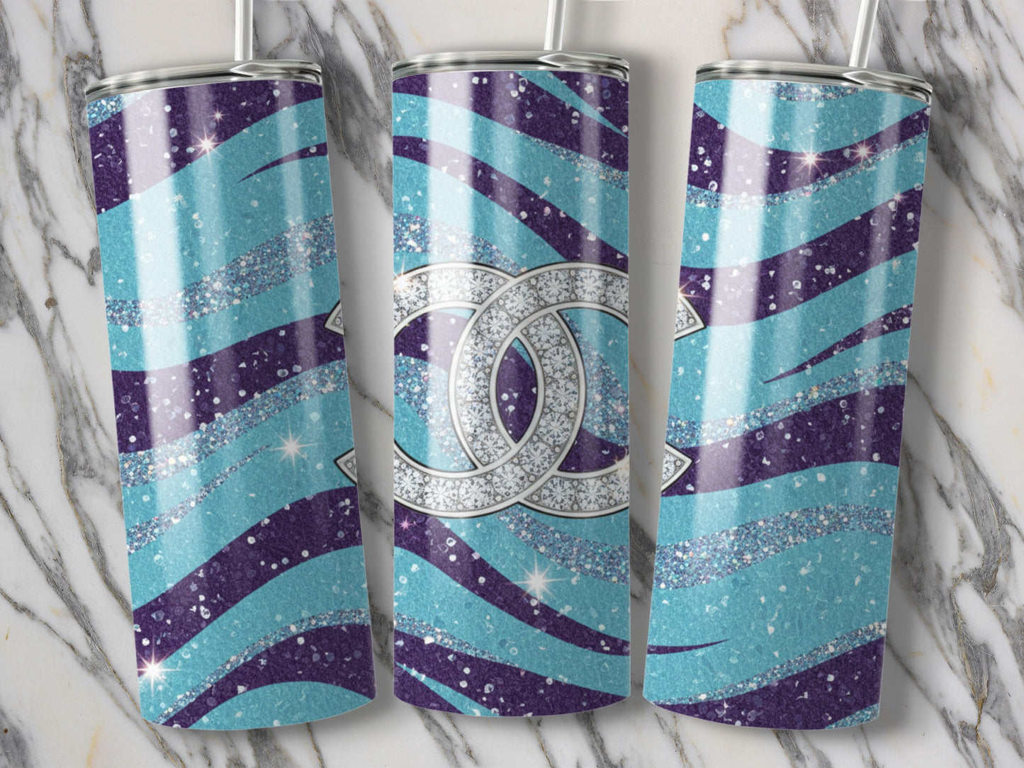 Diamond Logo over Aqua Purple Waves Sparkle Design Tumbler