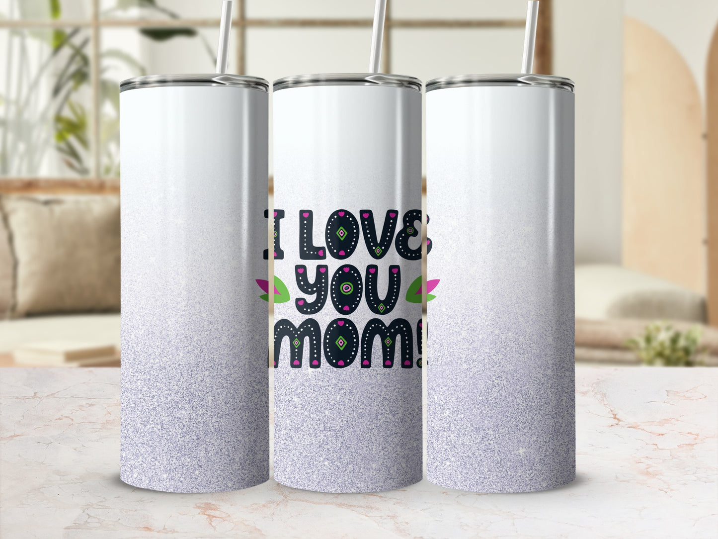 White tumbler with "I Love You Mom" text and purple glitter bottom.