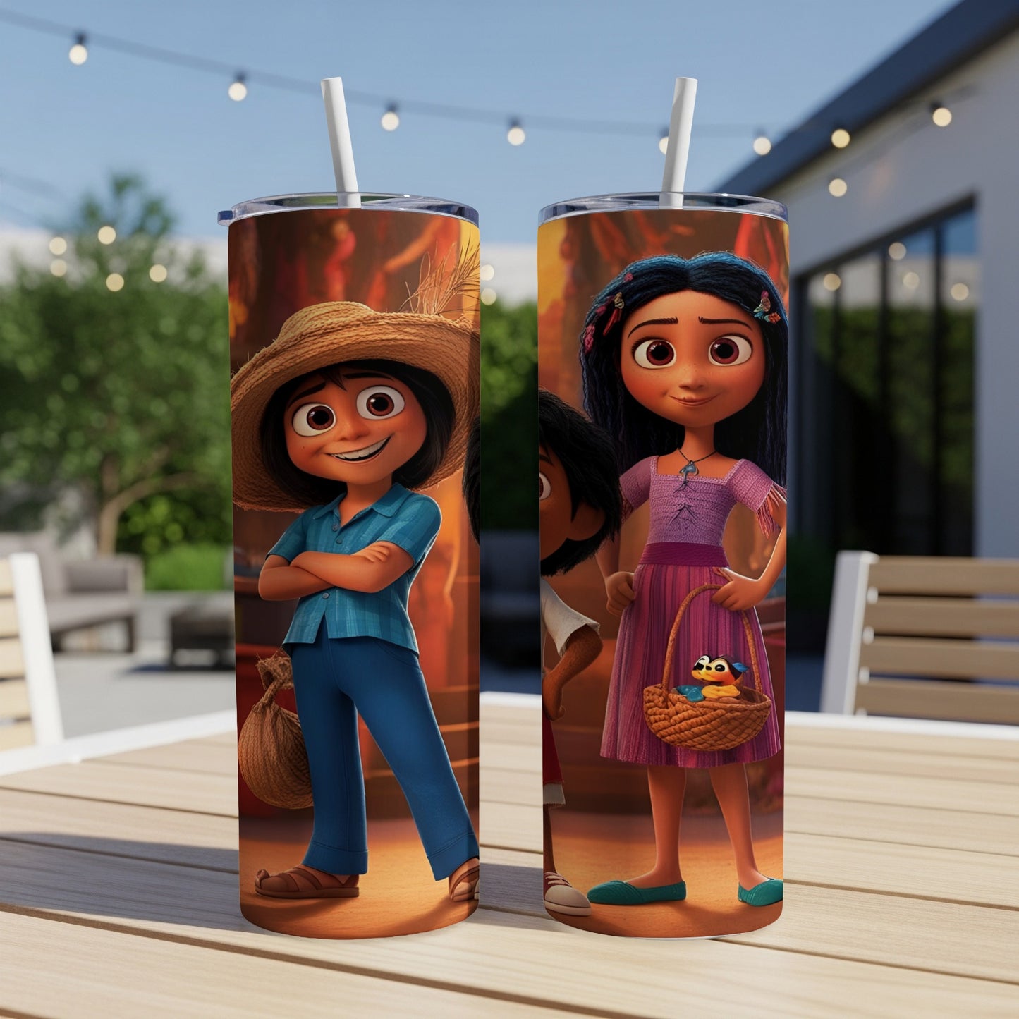 Two tumblers featuring animated girls with straw hats and colorful dresses.