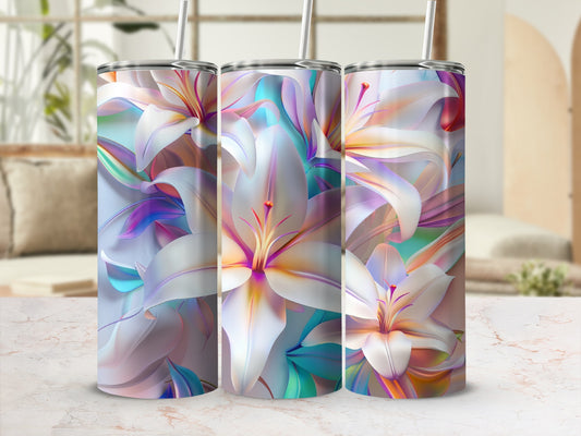 Three tumblers featuring white and purple lilies with pastel colored backgrounds.