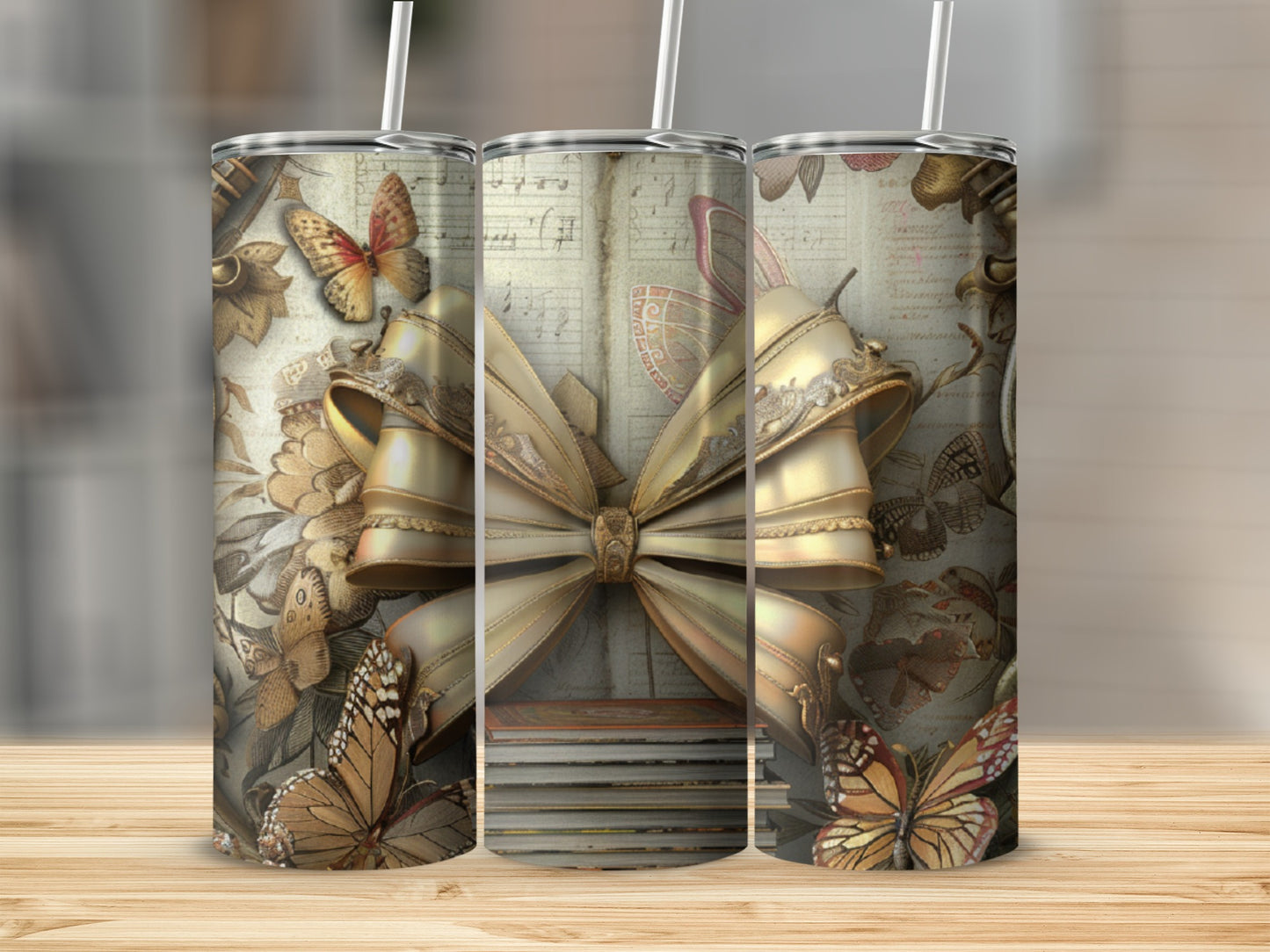 Triptych of tumblers featuring vintage music notes, ornate gold bows, and butterflies.