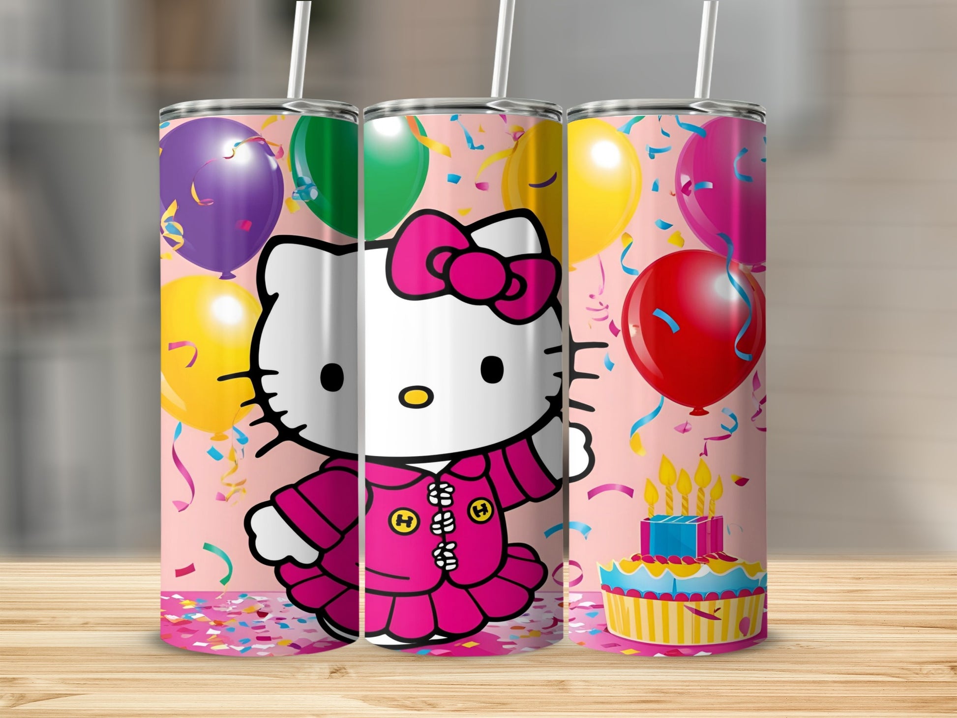 Hello Kitty in pink jacket with balloons and birthday cake.