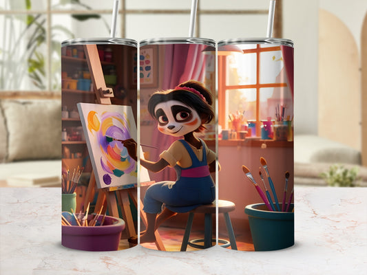 Panda artist painting on easel in bright studio with art supplies.