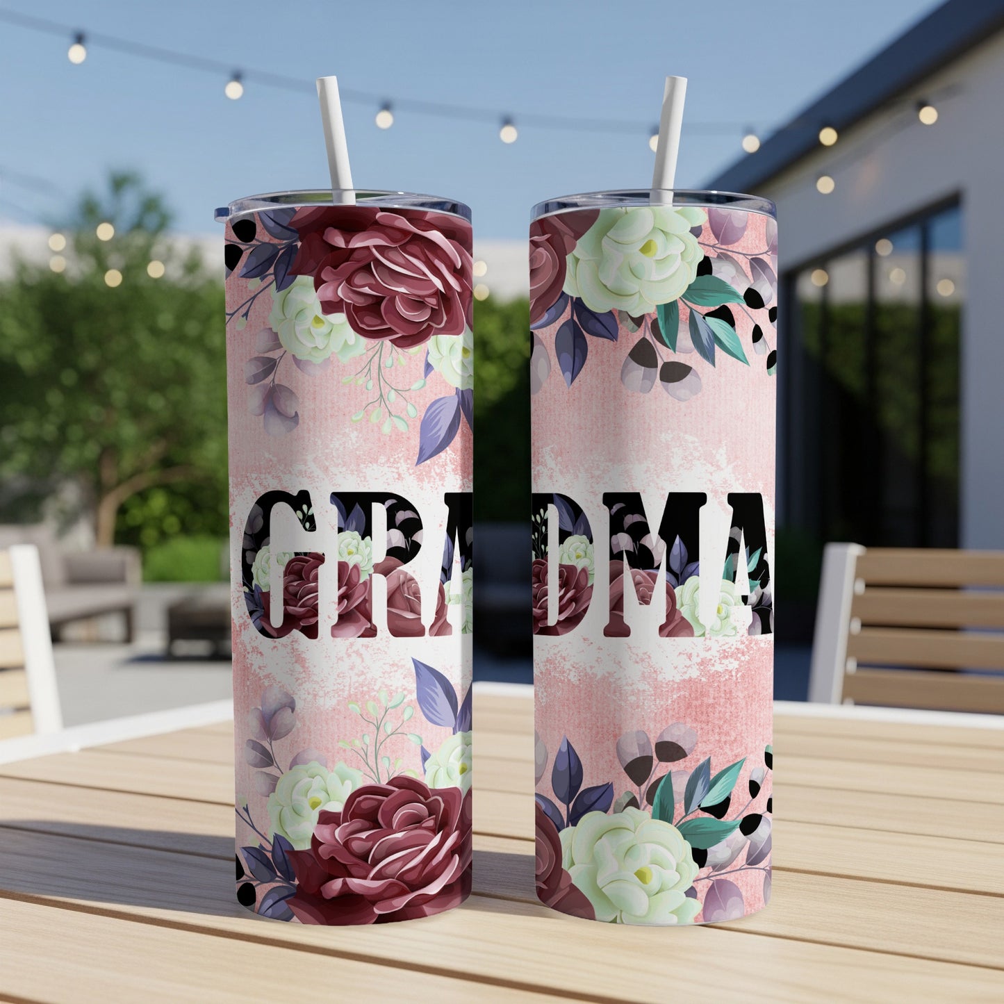Two tumblers with "GRANDMA" text surrounded by floral design.