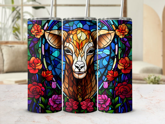 Stained glass deer and roses tumbler with straw.