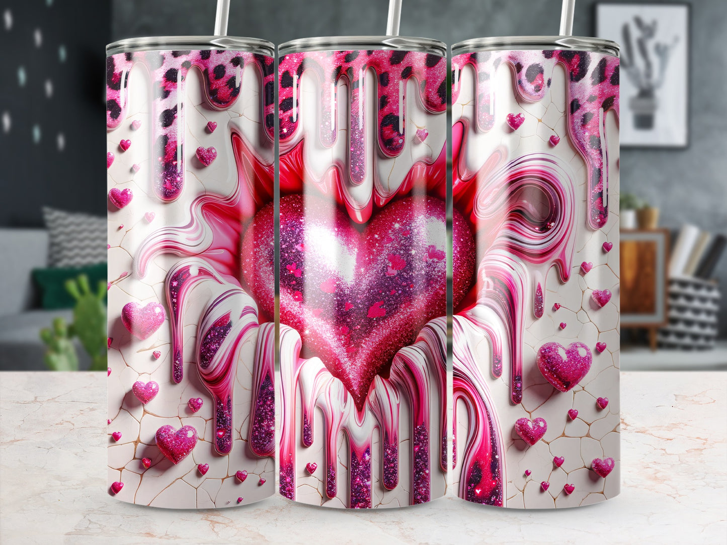 Glitter Heart With Drips Valentine's Day! Sparkling Heart With Melting Pink Love Pattern Tumblers