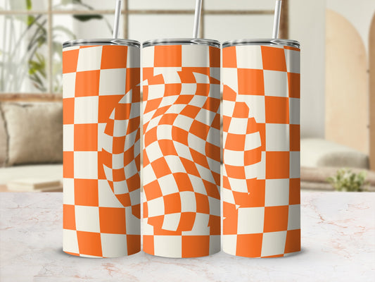 Three orange and white checkered tumblers with a warped checkerboard pattern.