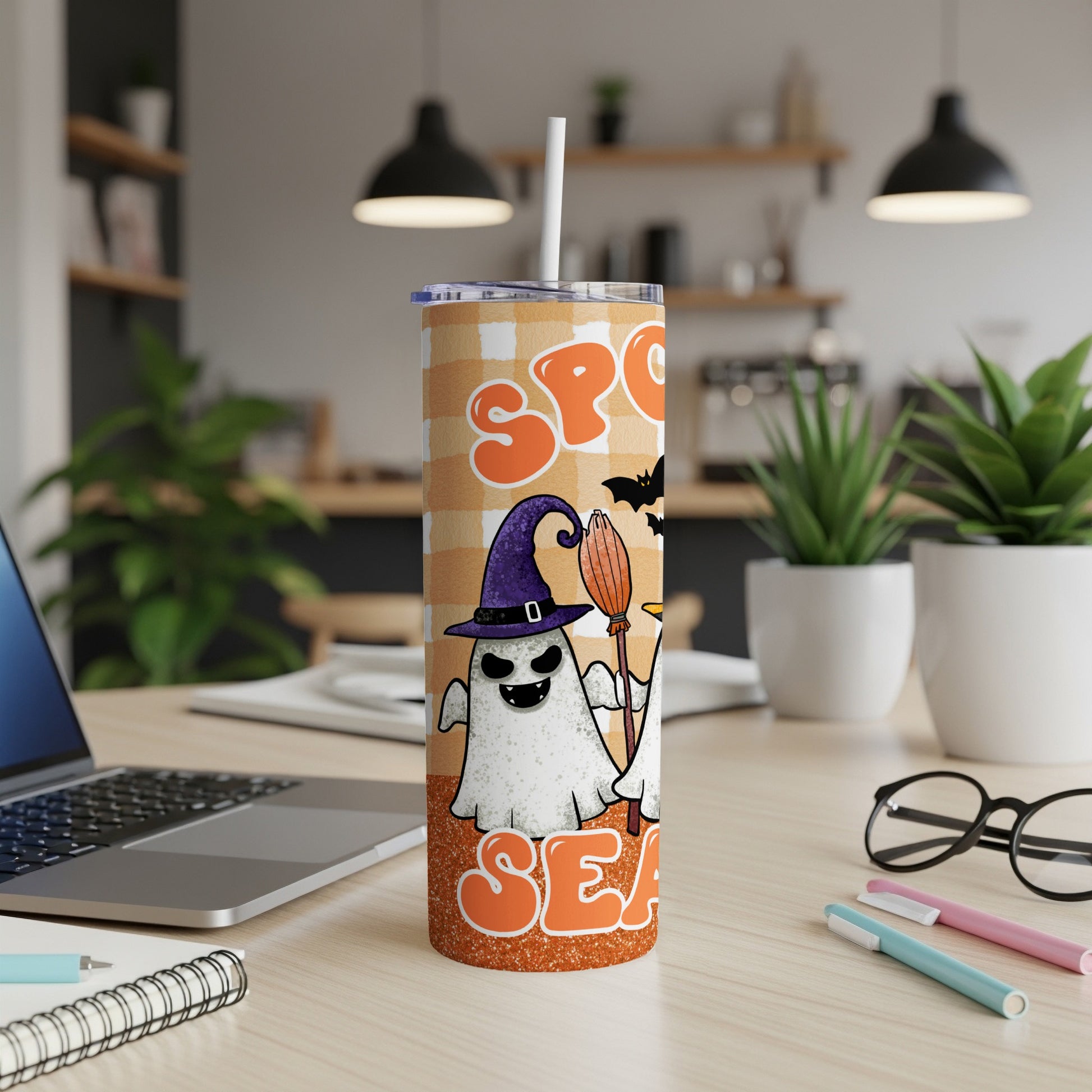 Halloween tumbler with spooky ghost, bats, and text "Spooky Season".