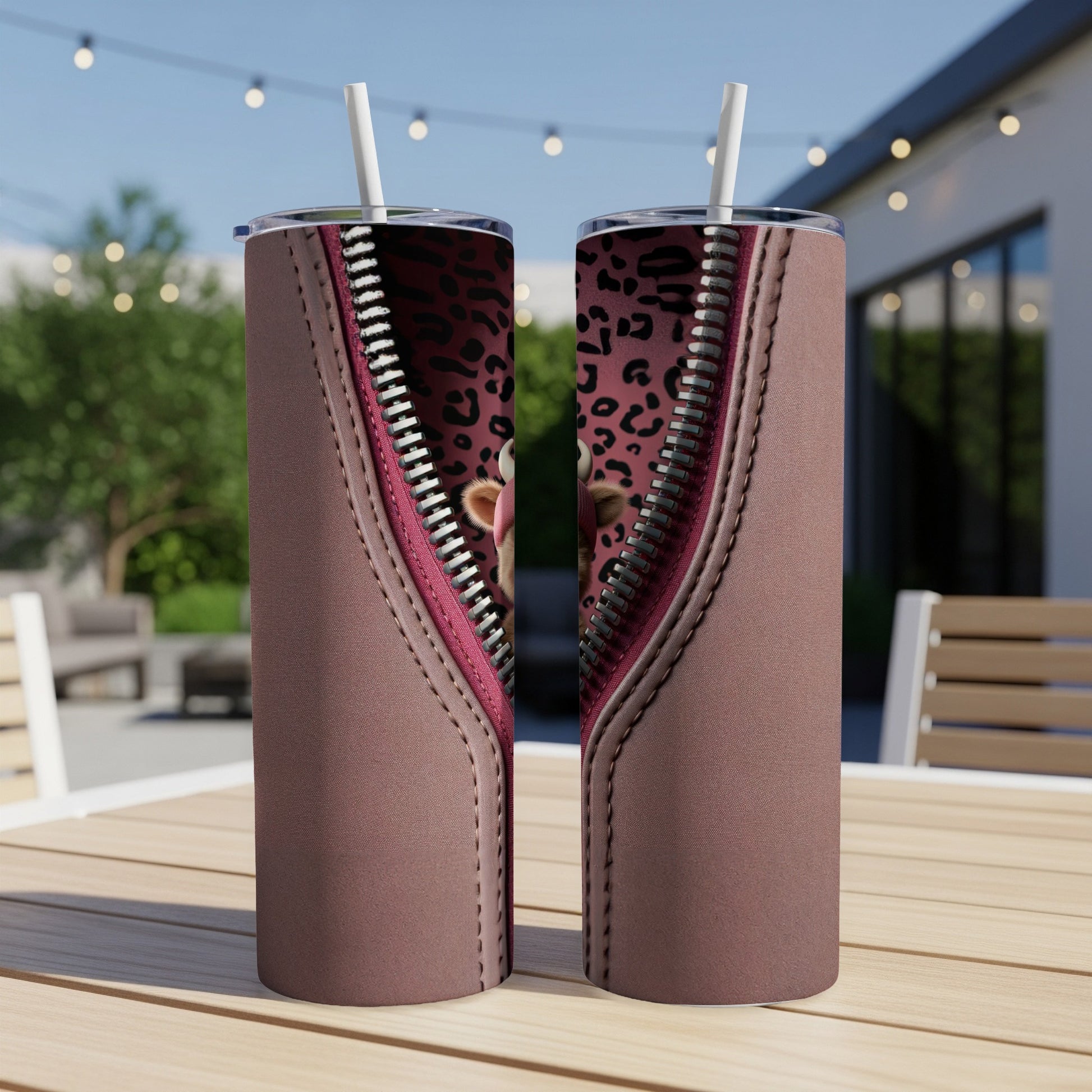 Brown tumbler with a zipper revealing a leopard print pattern and a cow's face.