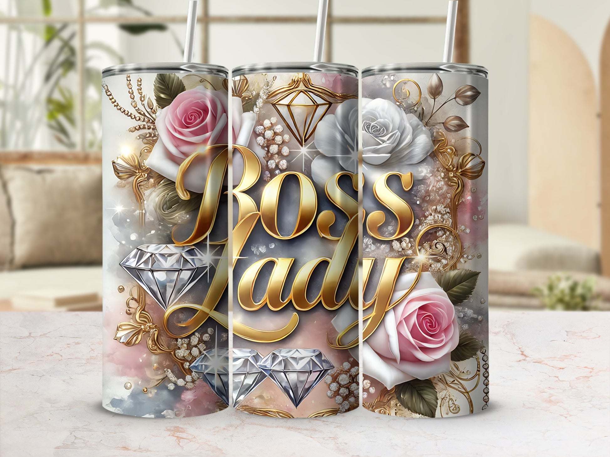 Elegant Boss Lady Floral and Diamond Design Tumbler