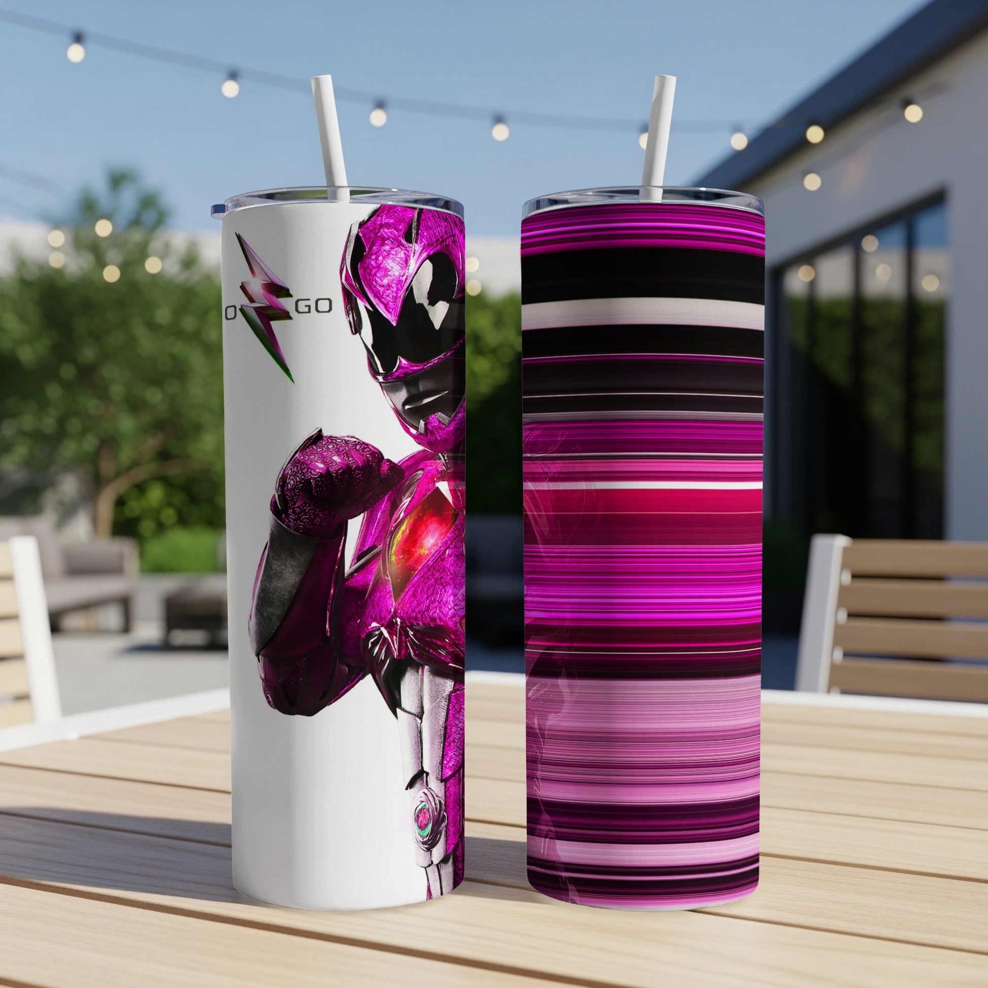 Pink Power Ranger tumbler with abstract pink stripes.