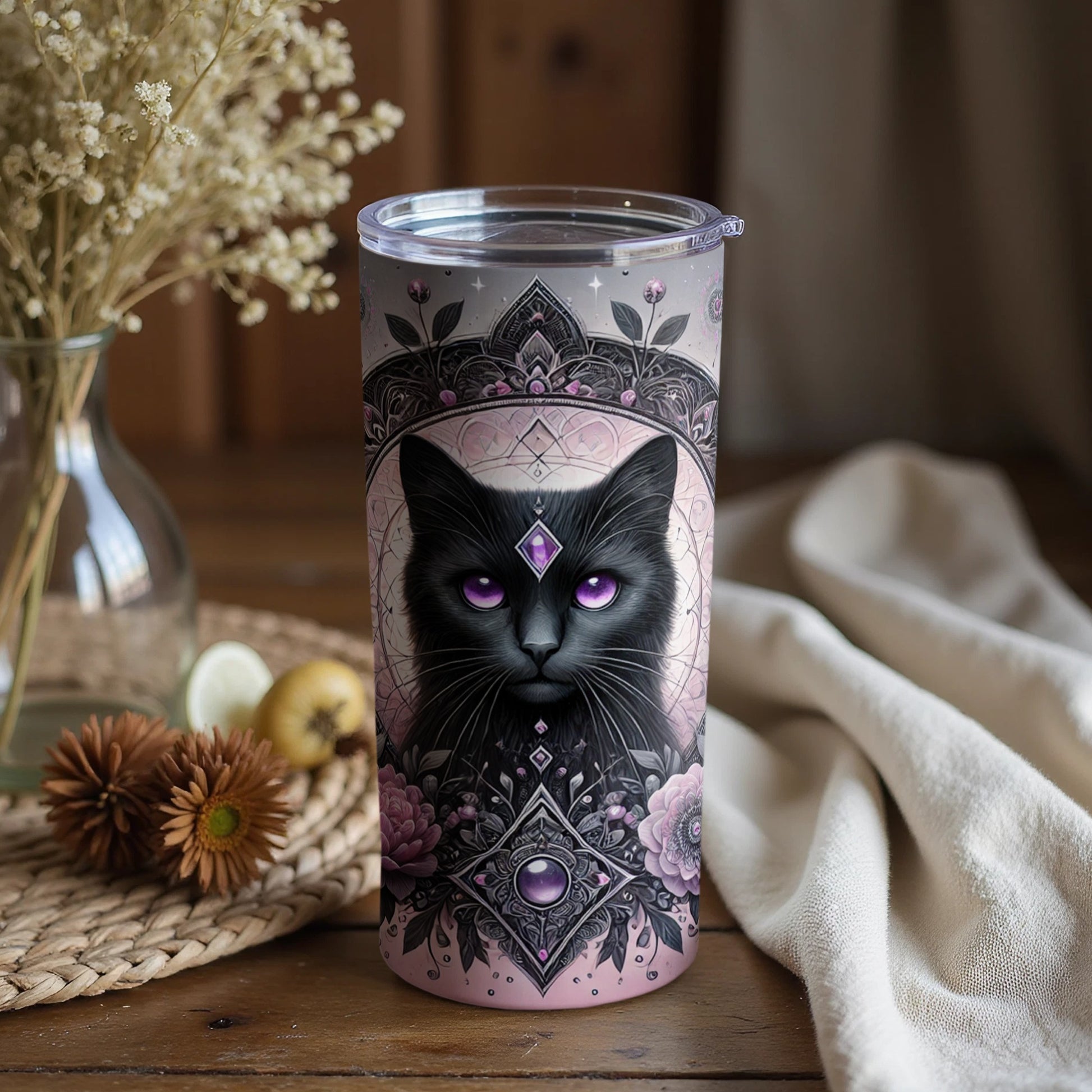 Mystic Black Cat Purple Eyes Tumbler Sleeve Design