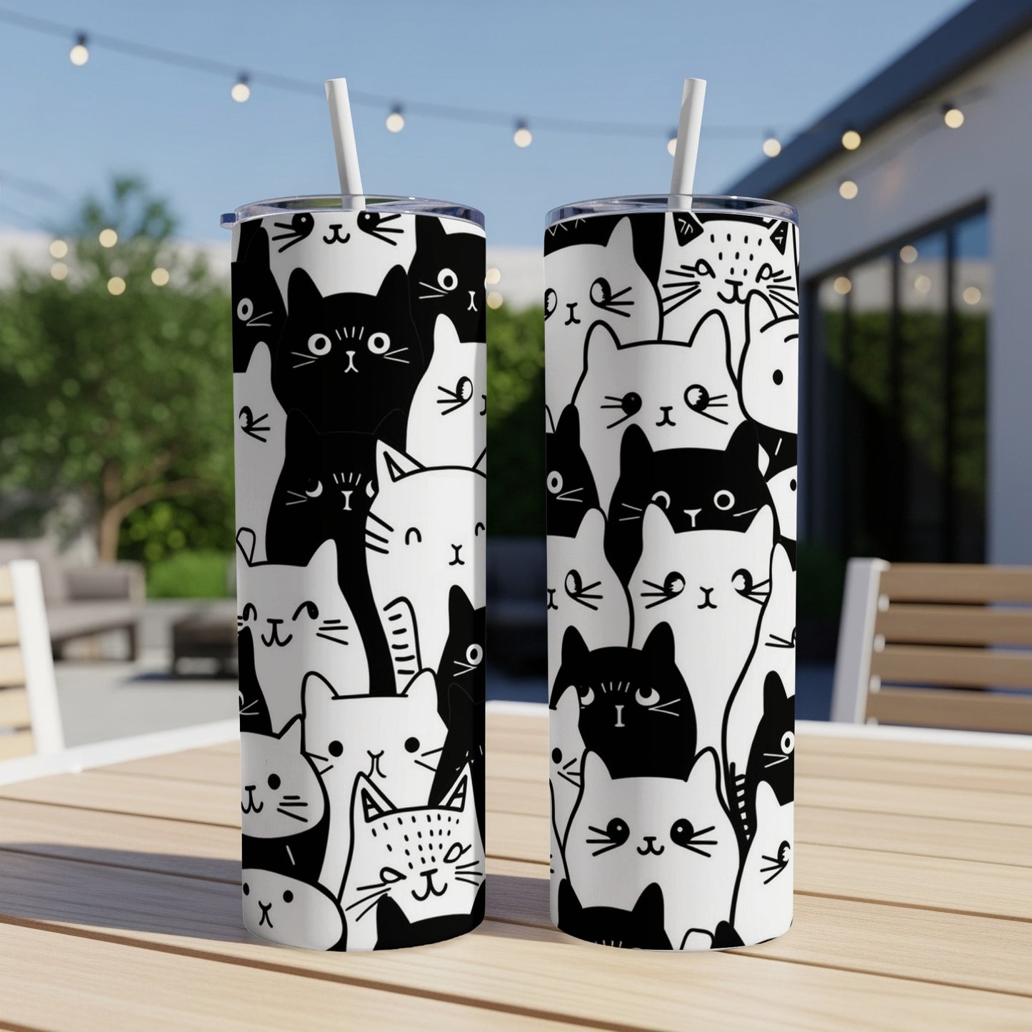 Two tumblers with a black and white cartoon cat pattern.