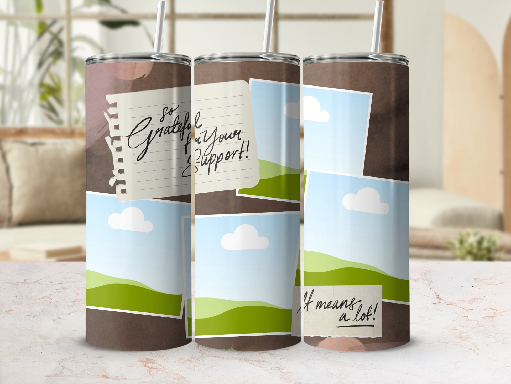 Tumbler with torn paper graphic saying "So grateful for your support! It means a lot!"
