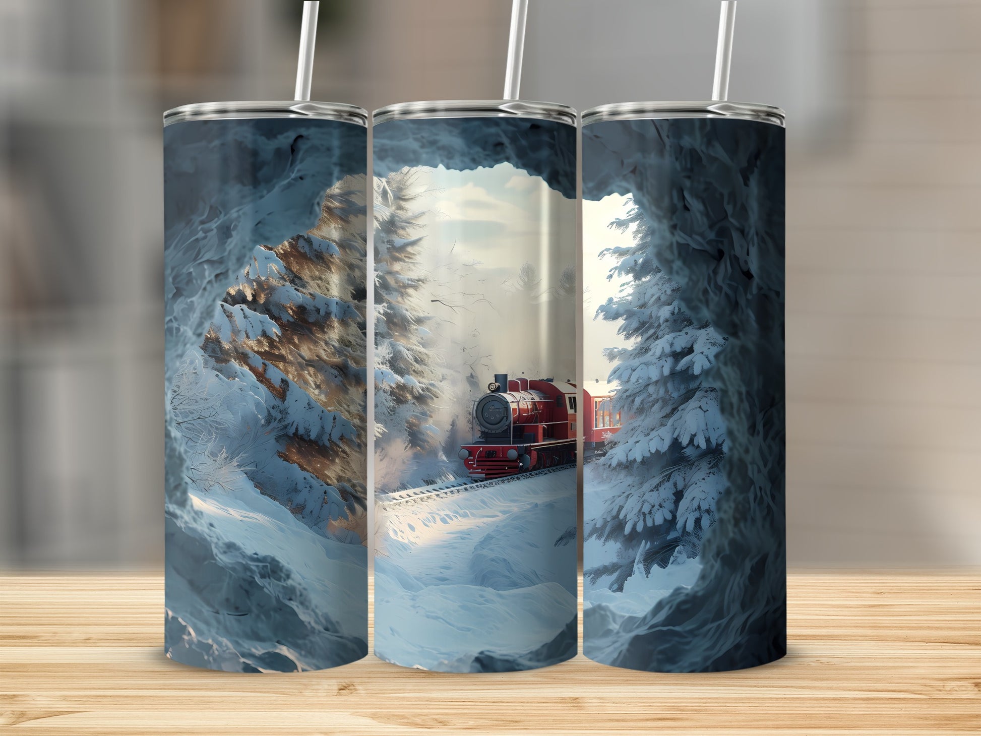 Red steam train in snowy mountain landscape, depicted on three tumblers.