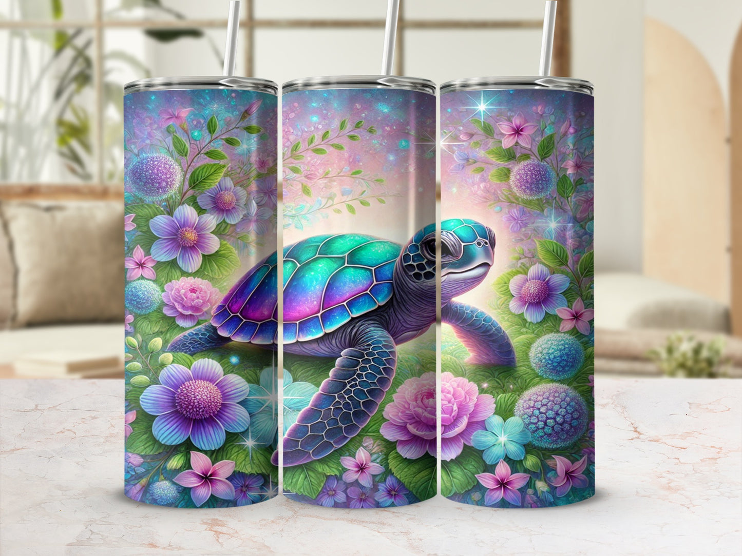 Colorful Turtle and Floral Design Insulated Tumbler